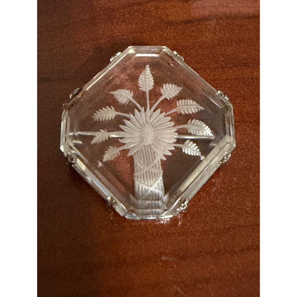 Vintage Czechoslovakia Silver Tone Intaglio Glass Floral Brooch